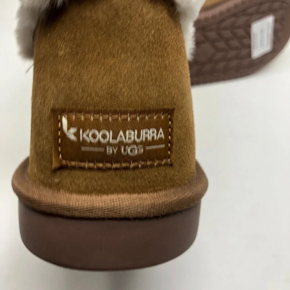 Koolaburra Bugg Aubrei Short Boot Chestnut Beige Suede Faux Fur Lined Girls 4